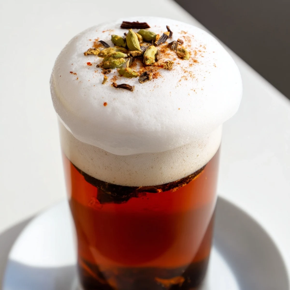 Enjoy the refreshing taste of this homemade iced chai, garnished with a sprinkle of cinnamon.