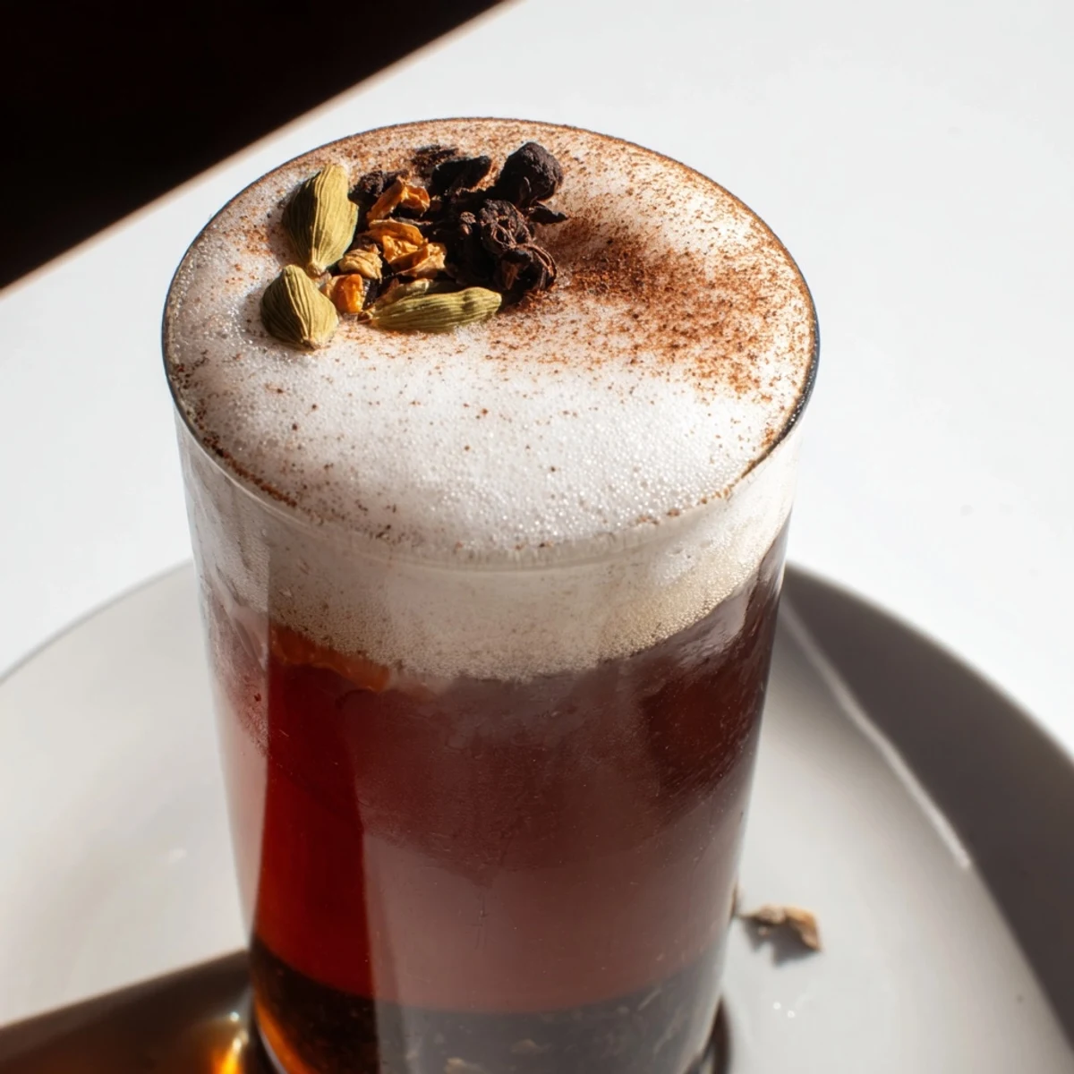 A tall glass of homemade iced chai shows a beautiful layering of tea, ice, and sweet cold foam.