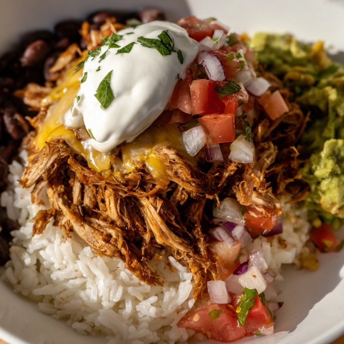 A visually appealing Chipotle Burrito Bowl: piled high with rice, beans, meat, and colorful toppings.