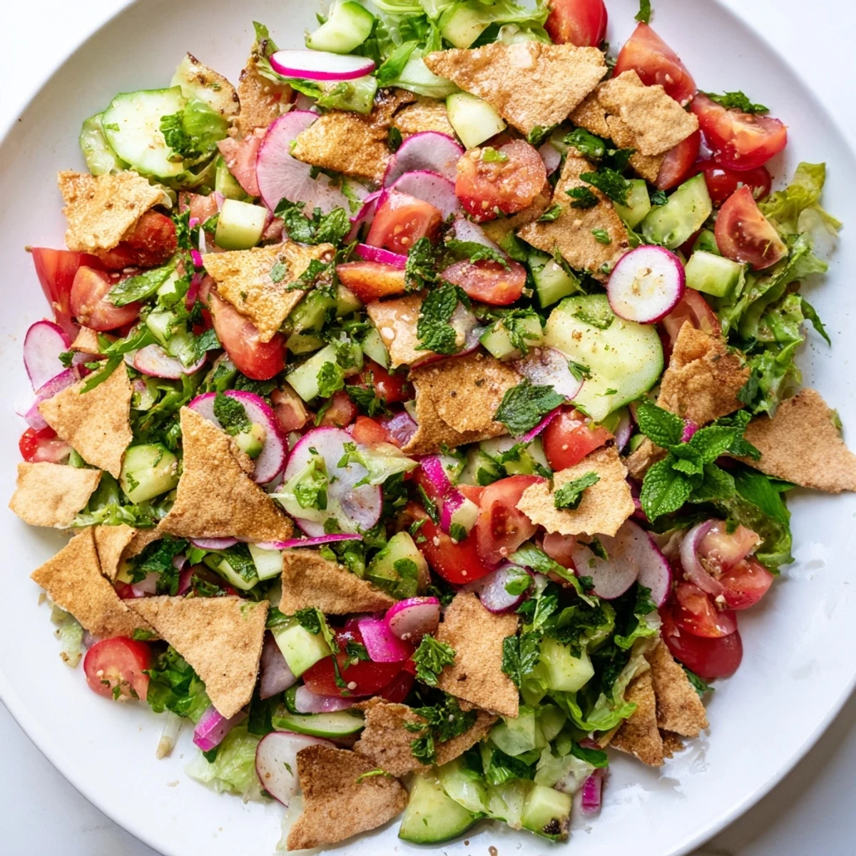 Fresh, colorful Lebanese Fattoush Salad with vibrant vegetables and crunchy pita chips, ready to enjoy.