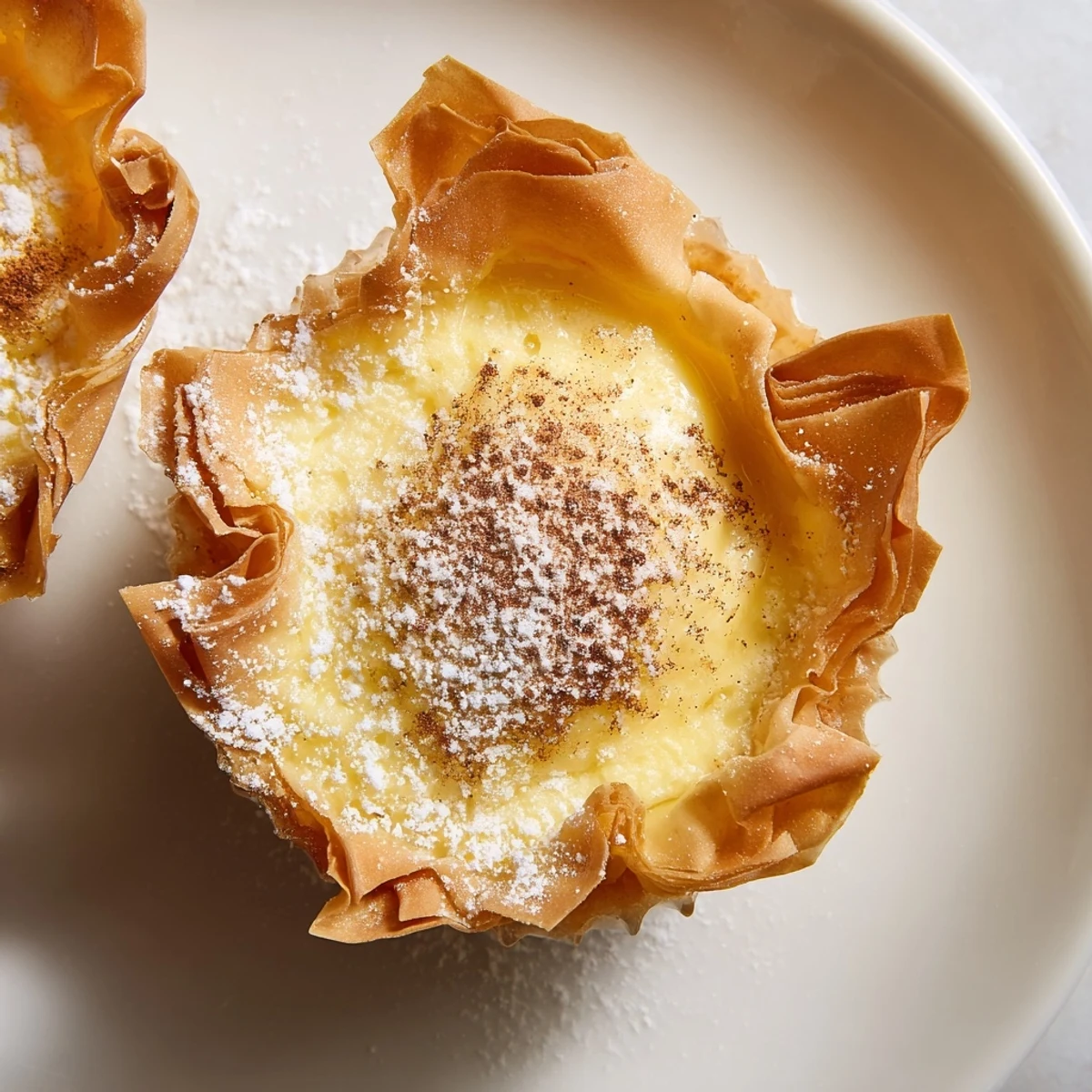Golden-brown, flaky Portuguese Egg Tart with creamy custard filling, dusted with cinnamon powder, ready to enjoy.
