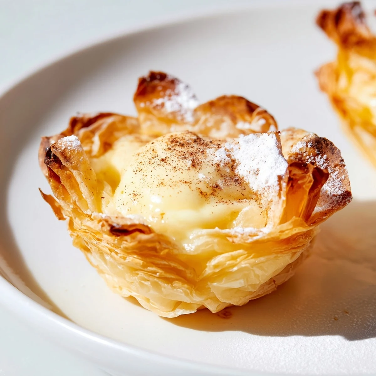 A close-up of a freshly baked Portuguese Egg Tart; the custard is gently set, slightly wobbly and inviting.
