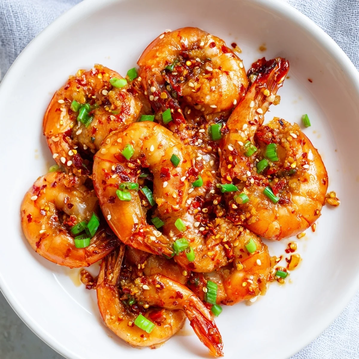 Golden-brown Korean garlic butter shrimp, ready to serve, sprinkled with sesame seeds and scallions.
