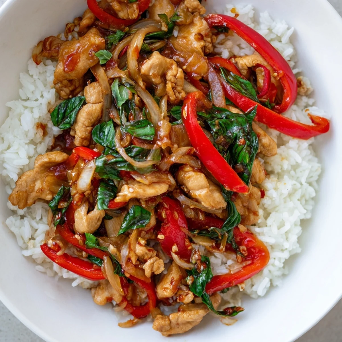 Close-up of a richly flavored Thai Basil Chicken Bowl, offering bold Thai flavors and aromas.