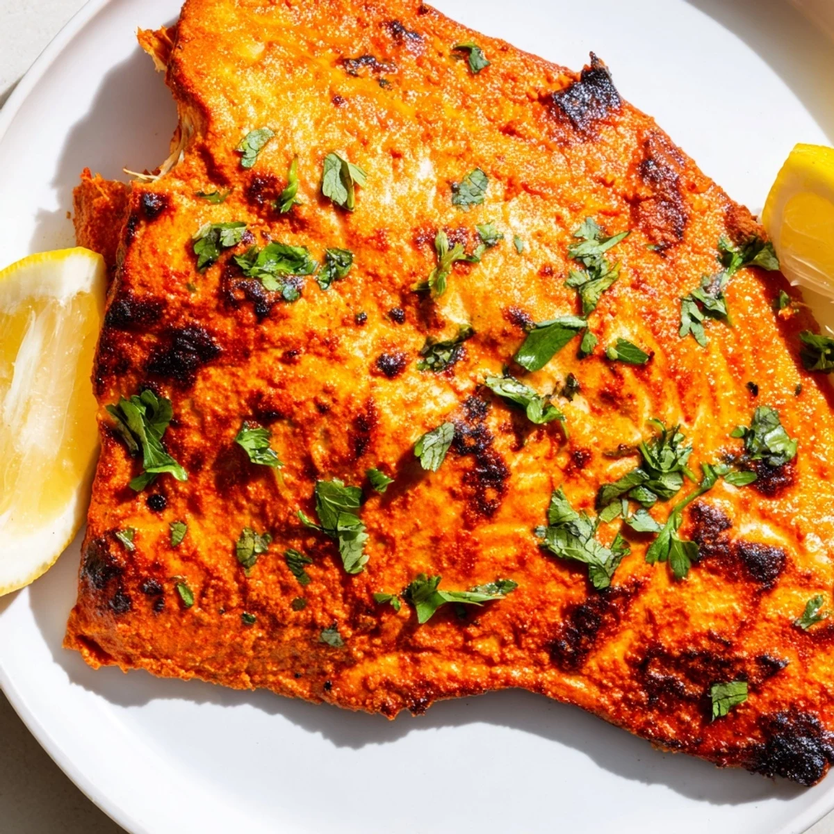 Crispy-edged Indian Tikka Salmon, a flavorful weeknight meal, ready to be devoured with rice.