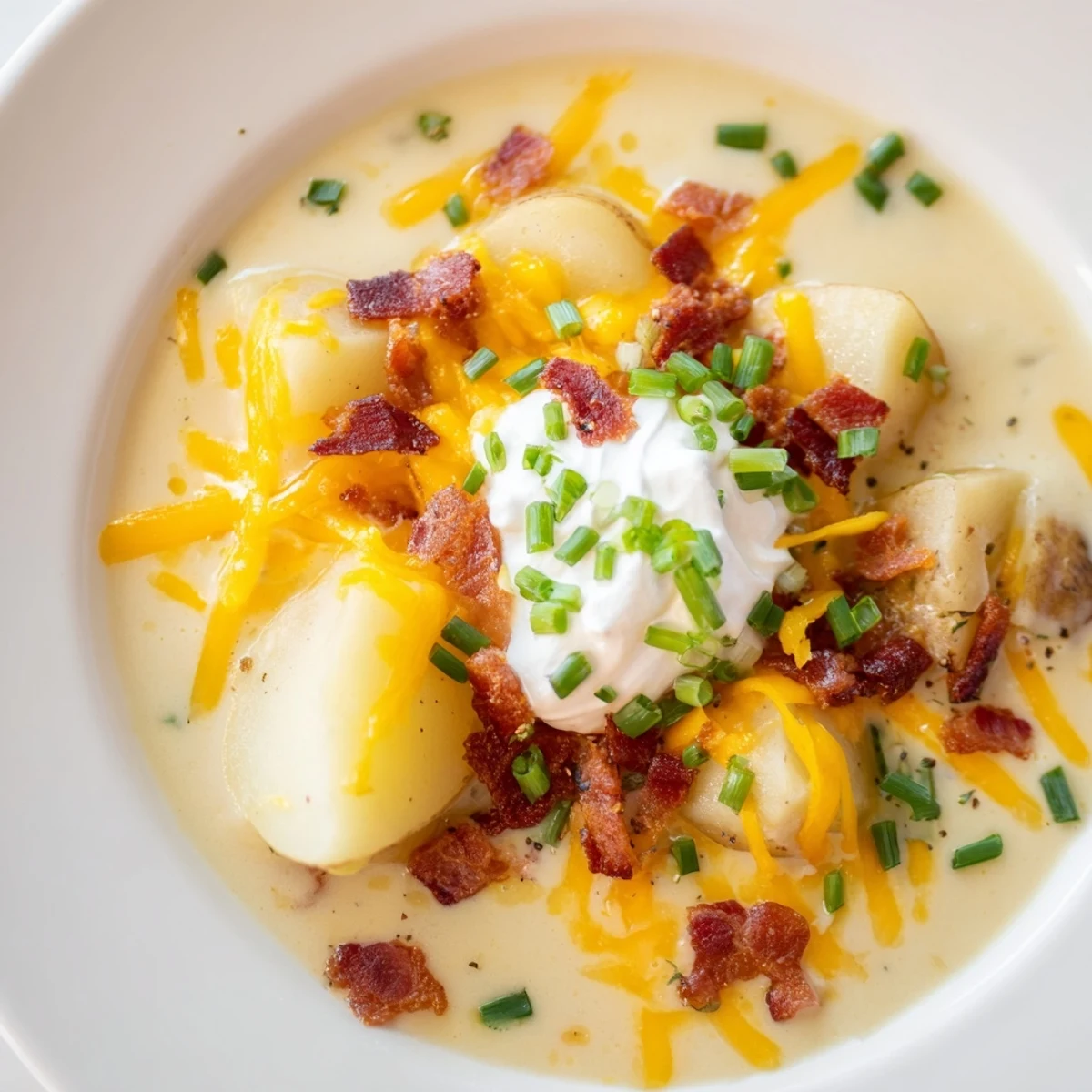 Creamy Loaded Baked Potato Soup: a hearty, gluten-free American classic, perfect for a cold evening.