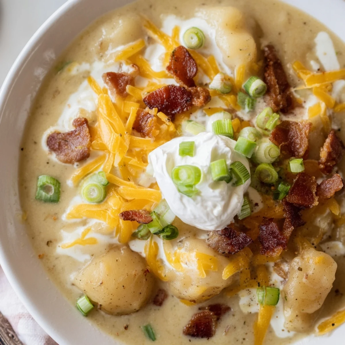 Close-up of bubbling Loaded Baked Potato Soup, showing chunks of potato, cheese, and bacon crumbles.