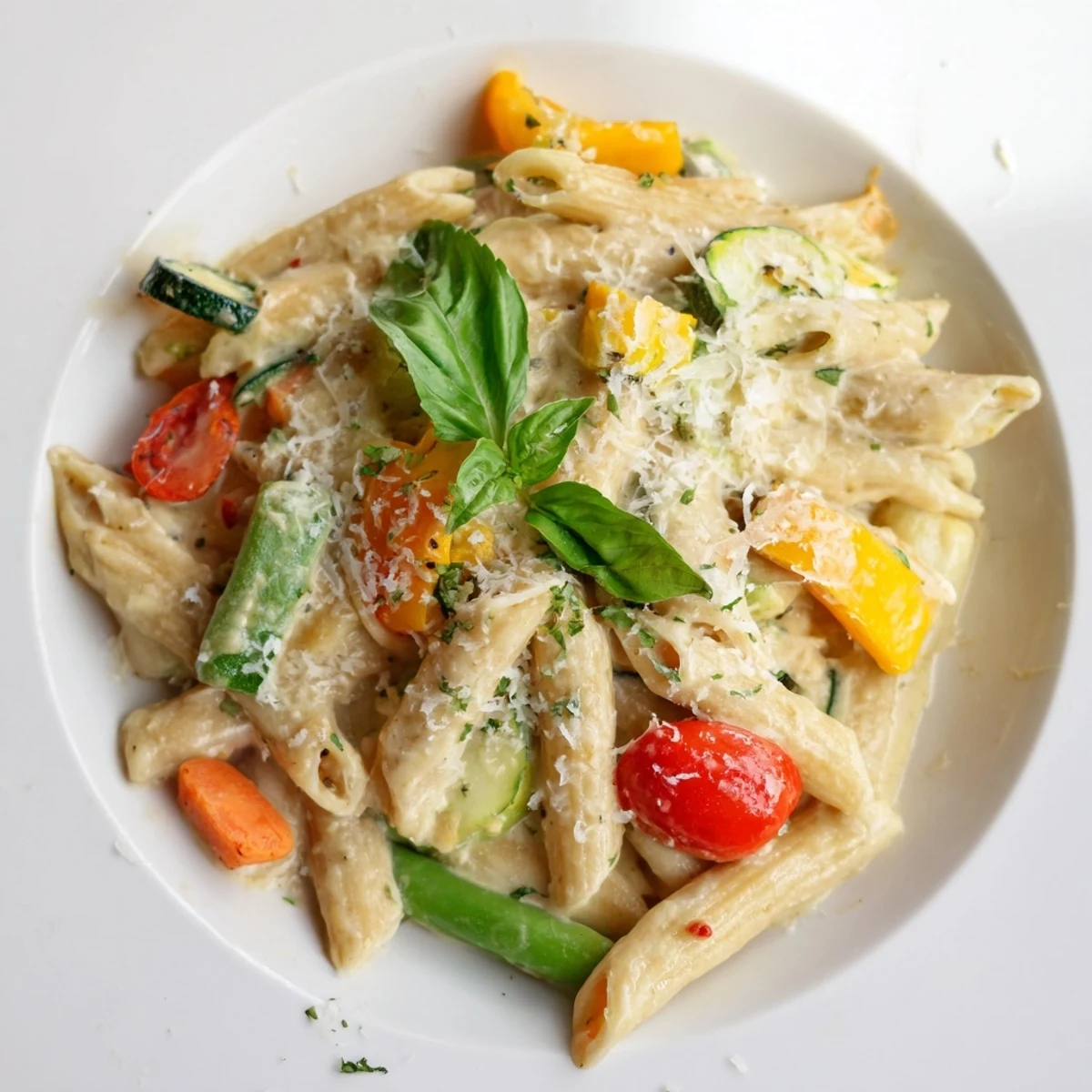 Enjoy this comforting bowl of One-Pot Creamy Pasta Primavera, perfect for an easy weeknight dinner.