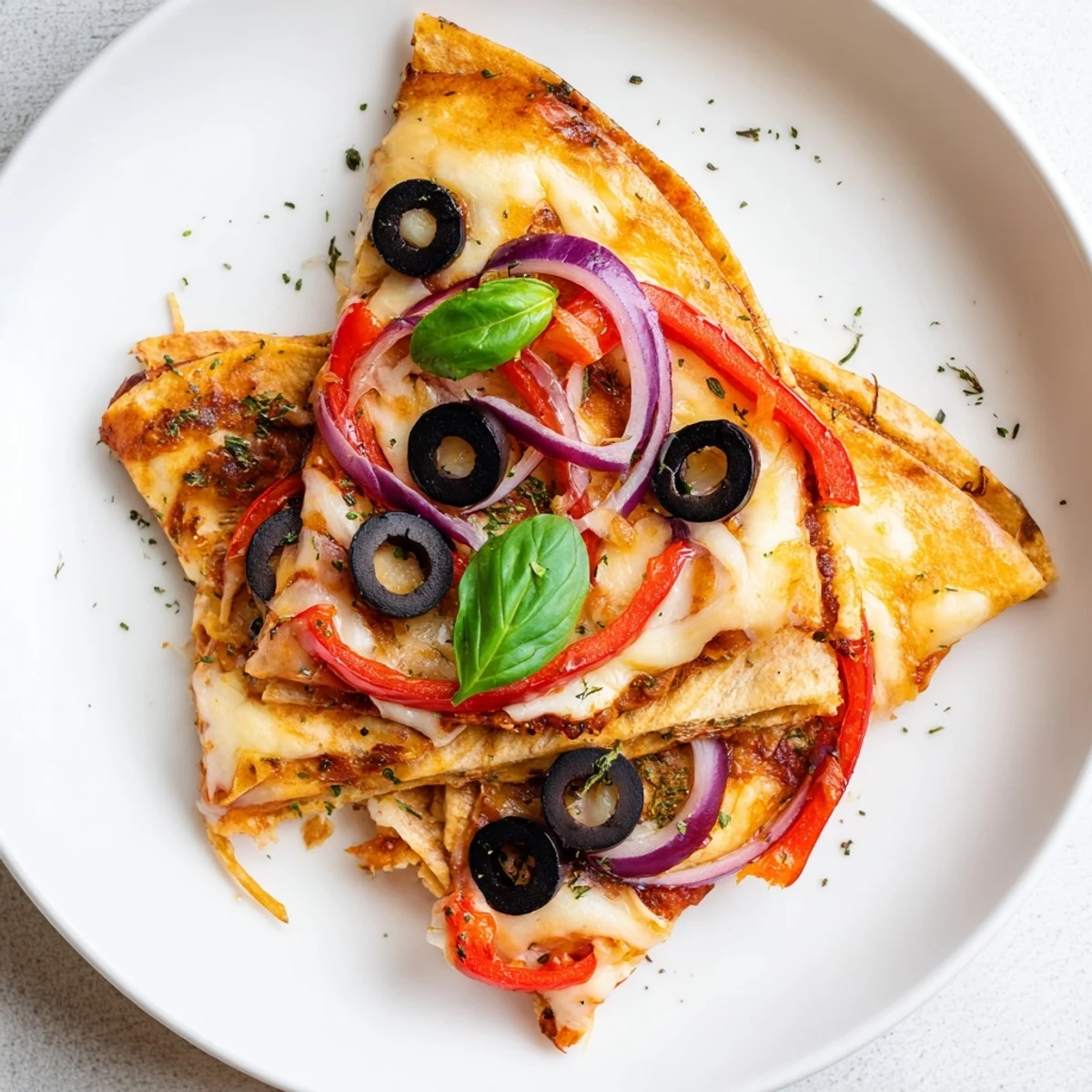 Triangle-shaped tortilla pizza wrap, filled with pizza sauce and veggies, looks incredibly appetizing.