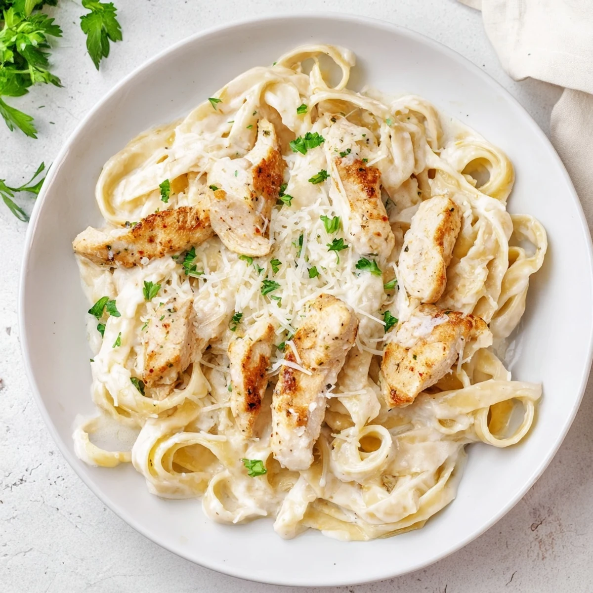 Golden chicken skillet Alfredo over perfectly cooked pasta, ready to serve with fresh parsley.