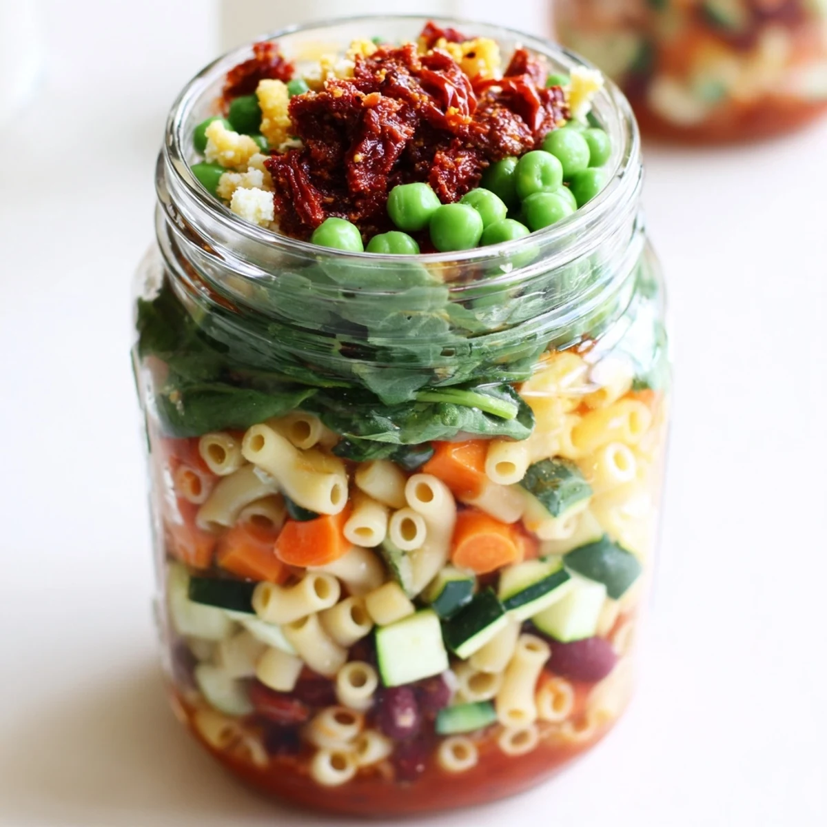 Minestrone soup in jar layered beautifully with pasta and vibrant vegetables, ready to eat.