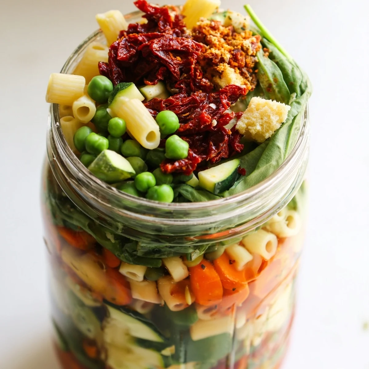 Easy-to-prepare minestrone soup in jar, showing layers of fresh ingredients for a flavorful, portable meal.