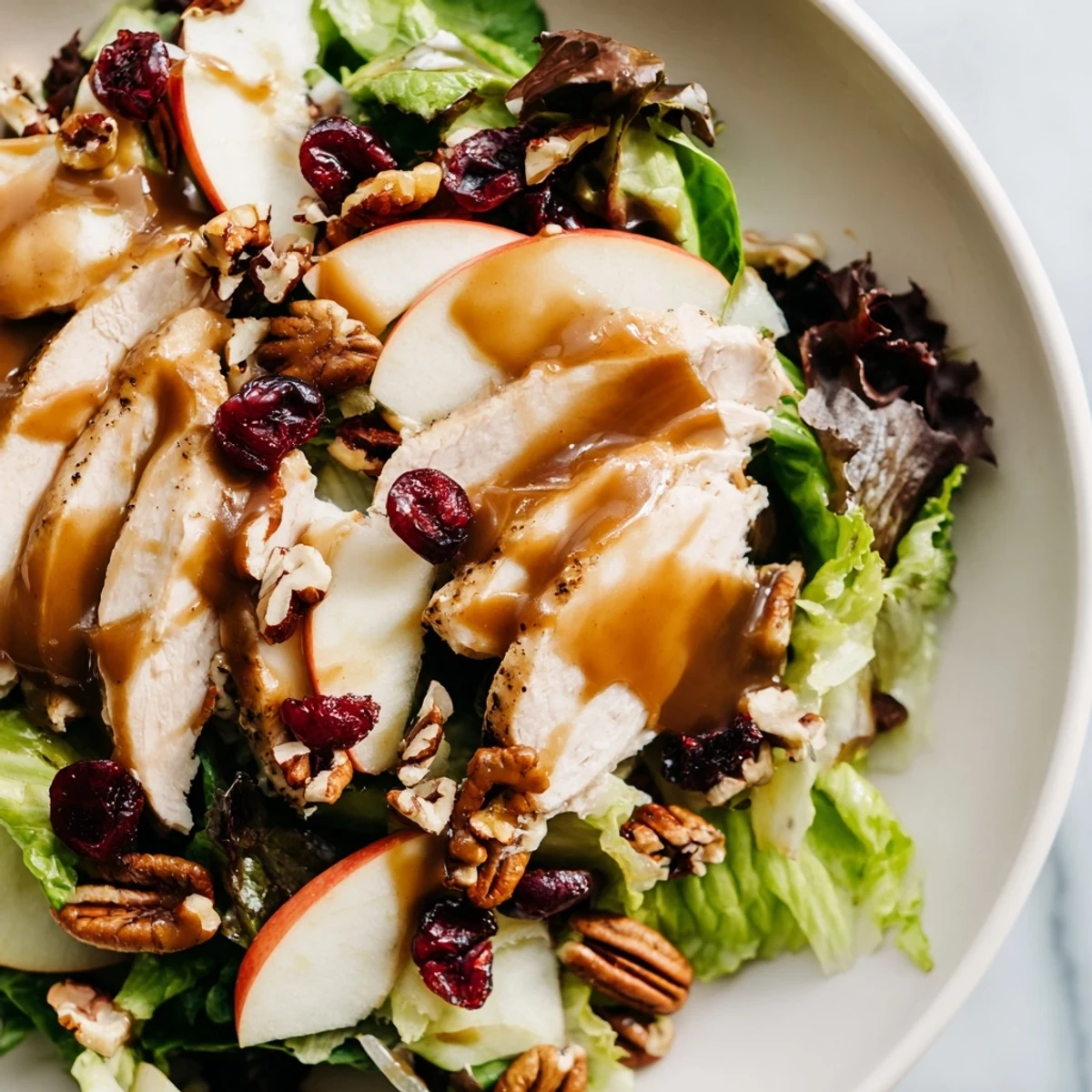 Serving suggestion for Caramel Apple Chicken Salad, a main dish with chicken, dried cranberries, and red onion slices on a rustic platter.