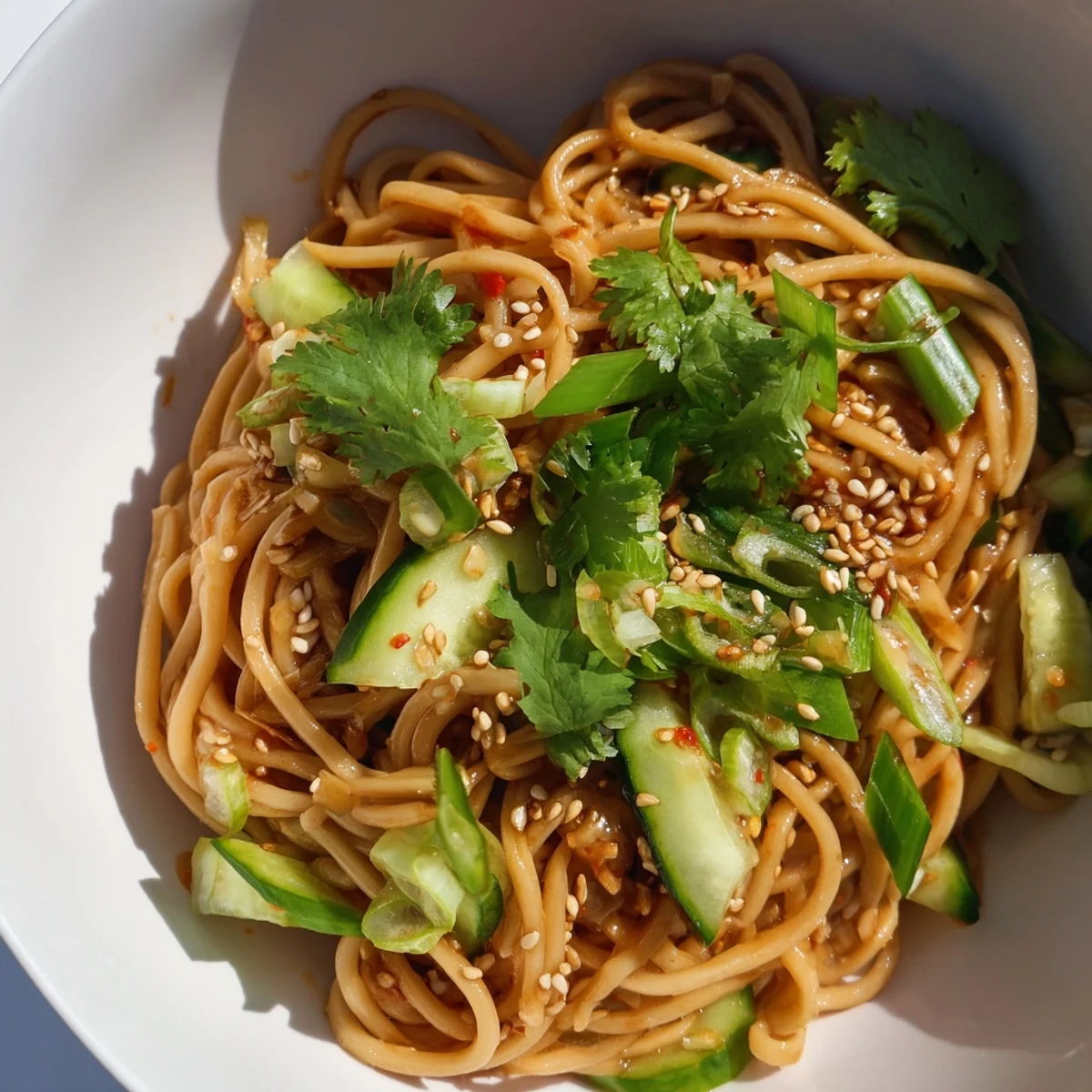 Chilled wheat noodles tossed in a bold sesame-soy-chili dressing, garnished with crisp julienned cucumber and fresh herbs.  