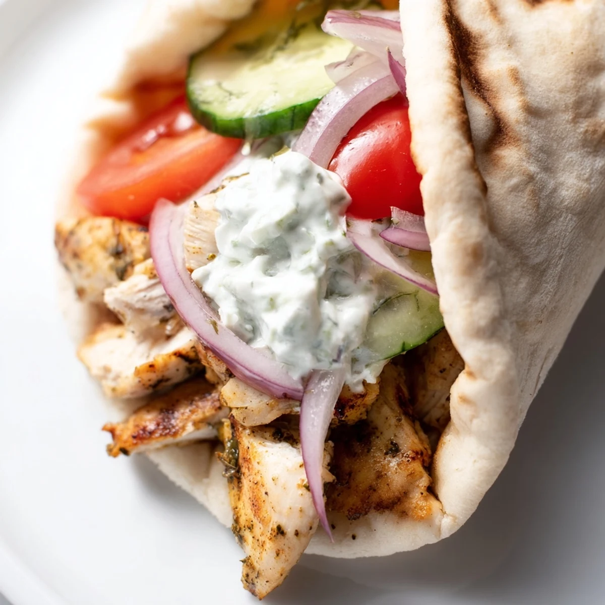 Freshly assembled Greek Chicken Wrap ingredients, including seasoned grilled chicken strips, cool cucumber, and vibrant red tomato, ready to be wrapped in warm pita.