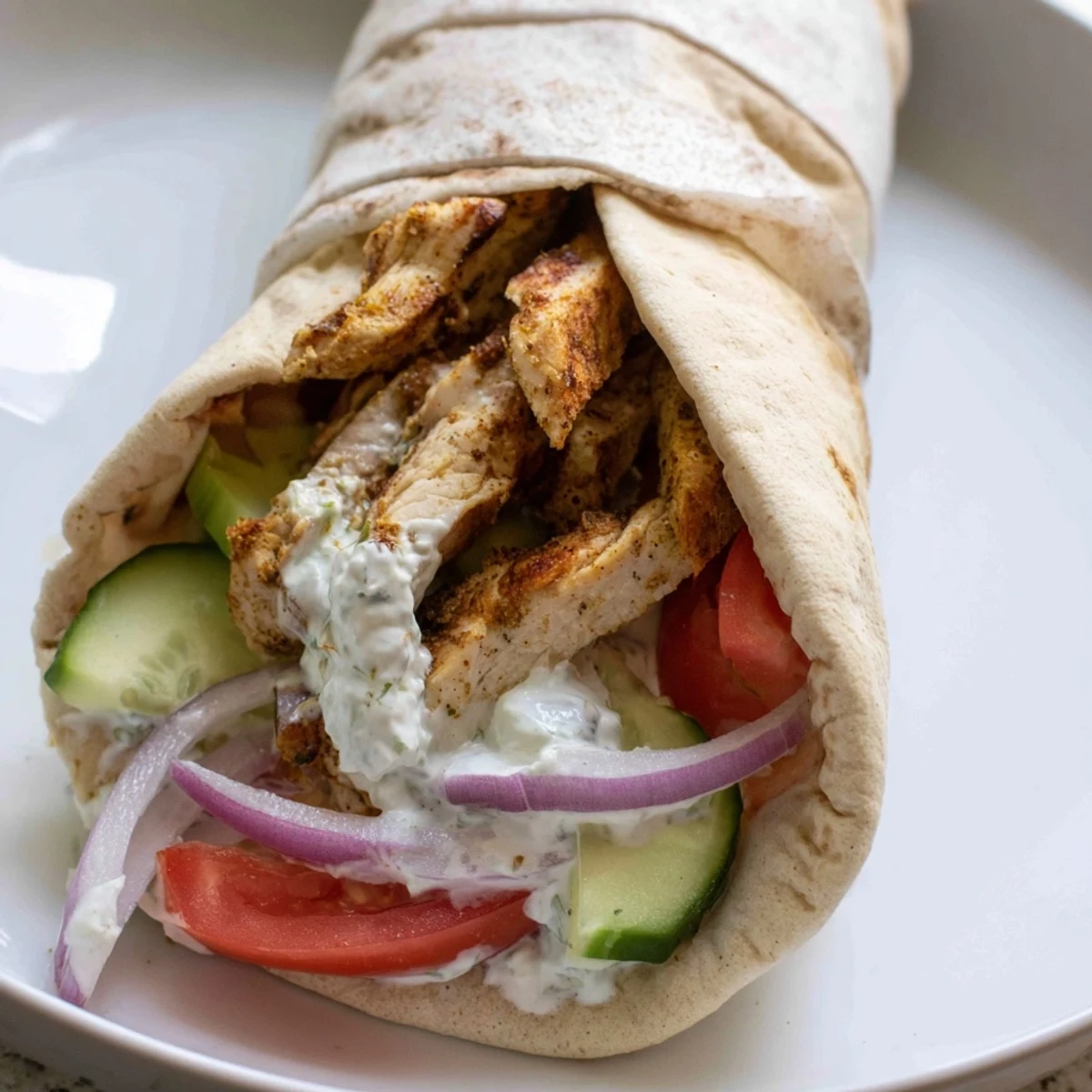 An overhead view of a delicious Greek Chicken Wrap, drizzled with tzatziki sauce and garnished with fresh dill, served on a rustic wooden table.