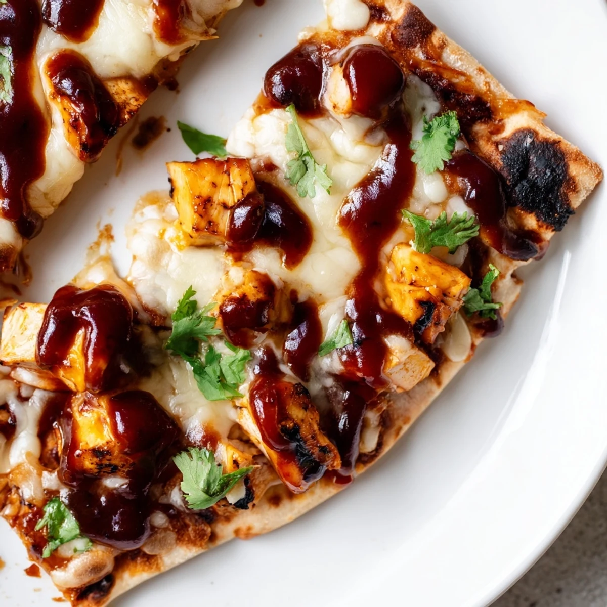 Golden, bubbling mozzarella and tangy BBQ sauce top a crisp flatbread loaded with grilled chicken and sweet red onion slices.  