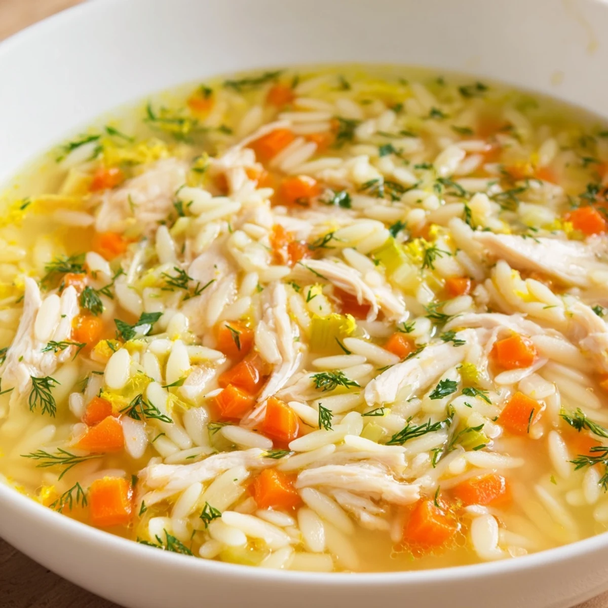 Close-up of Chicken Lemon Orzo Soup with tender chicken, carrots, and orzo pasta in a bright, brothy Mediterranean-style bowl.  