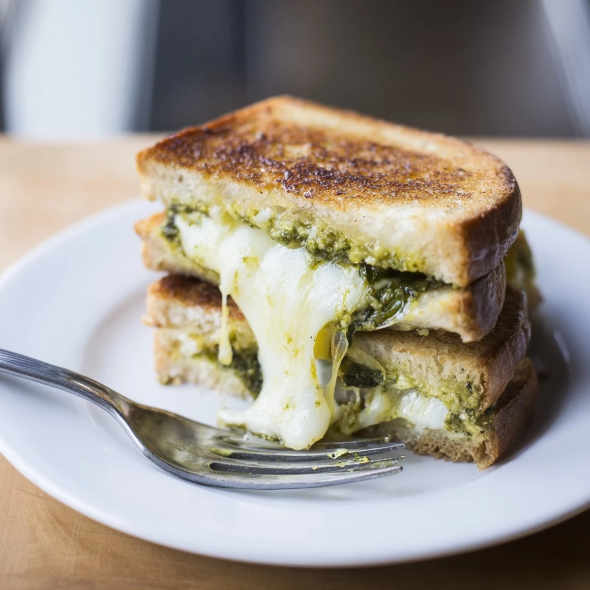 Golden-brown sourdough slices, filled with gooey melted mozzarella and cheddar, oozing spinach pesto on a plate.