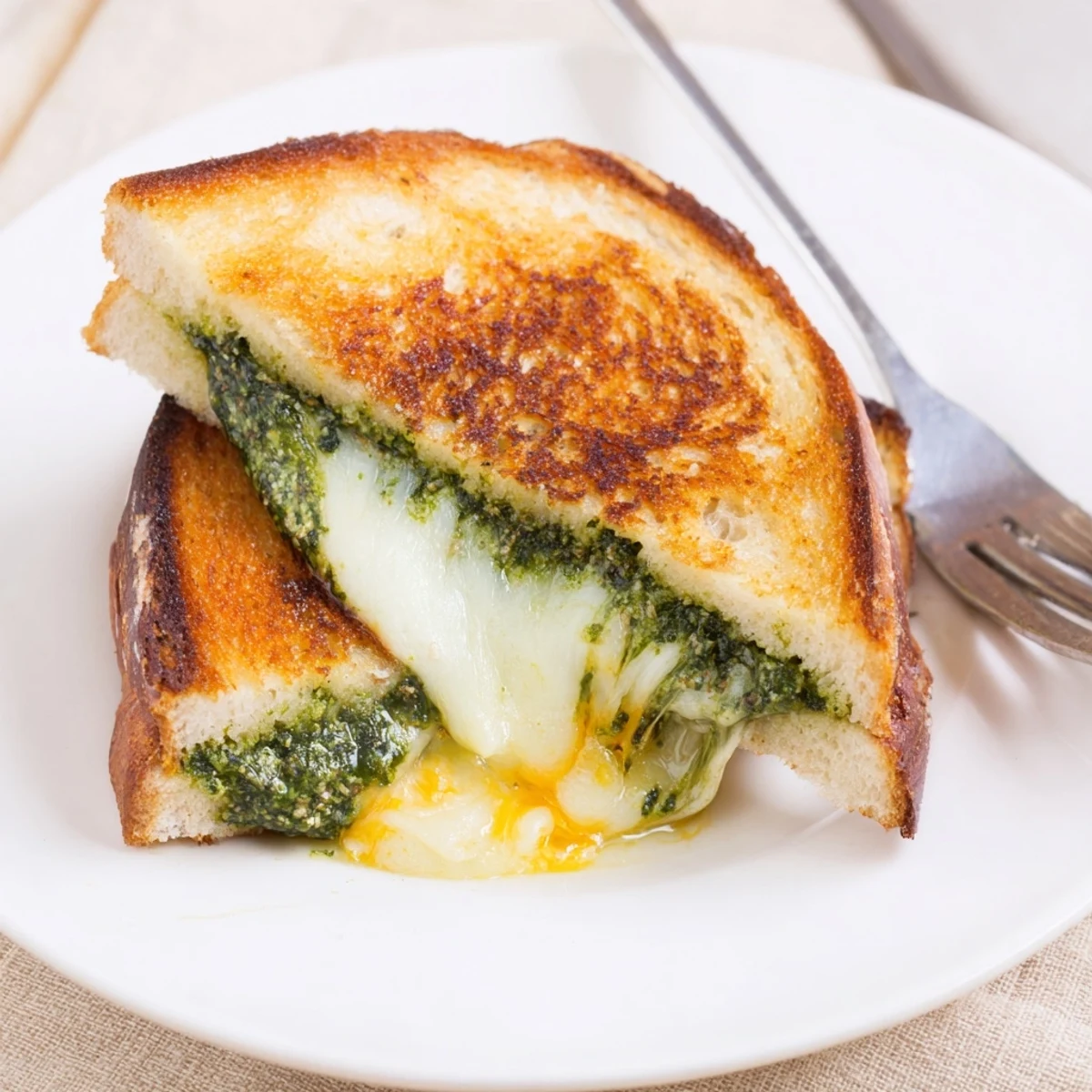 The grilled cheese sandwich shows crispy bread edges and a cross-section revealing vibrant green spinach pesto.