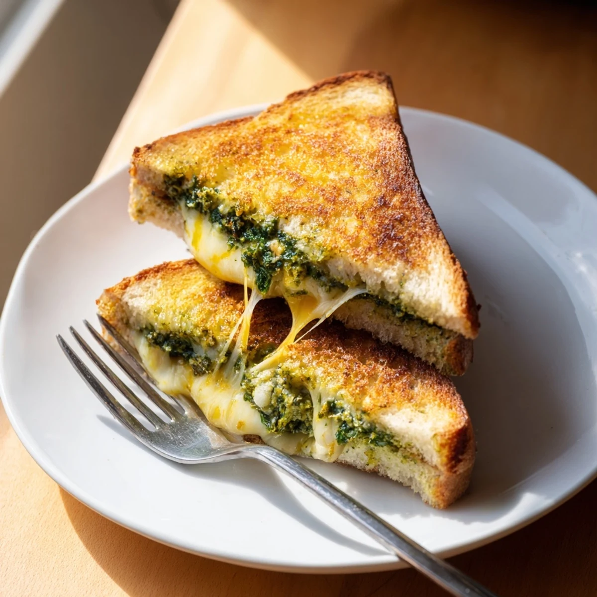 A vegetarian spinach pesto grilled cheese sandwich is ready to eat alongside a fresh tomato salad.