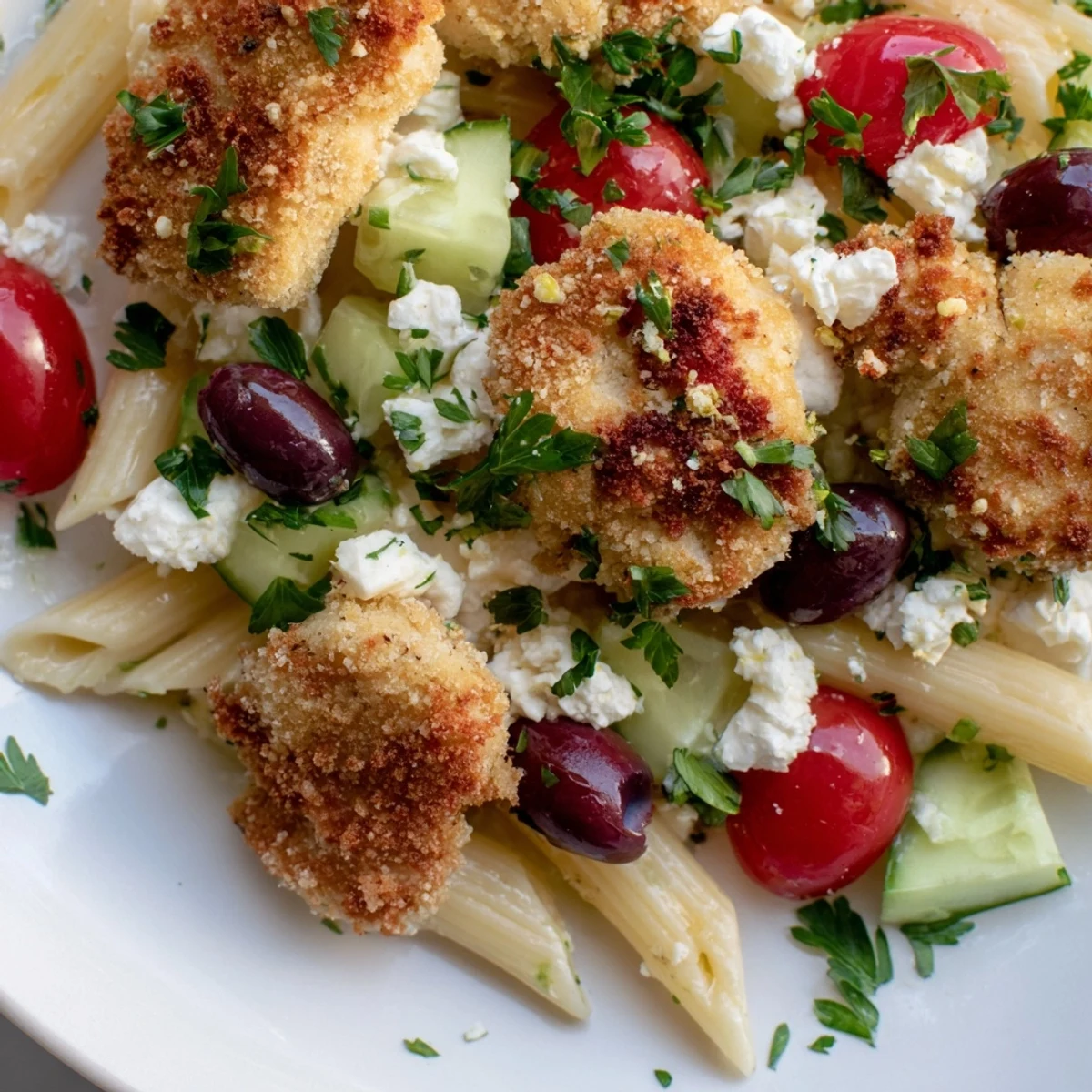 Golden crispy chicken bites, tender pasta, and fresh Greek salad vegetables tossed in a zesty dressing.