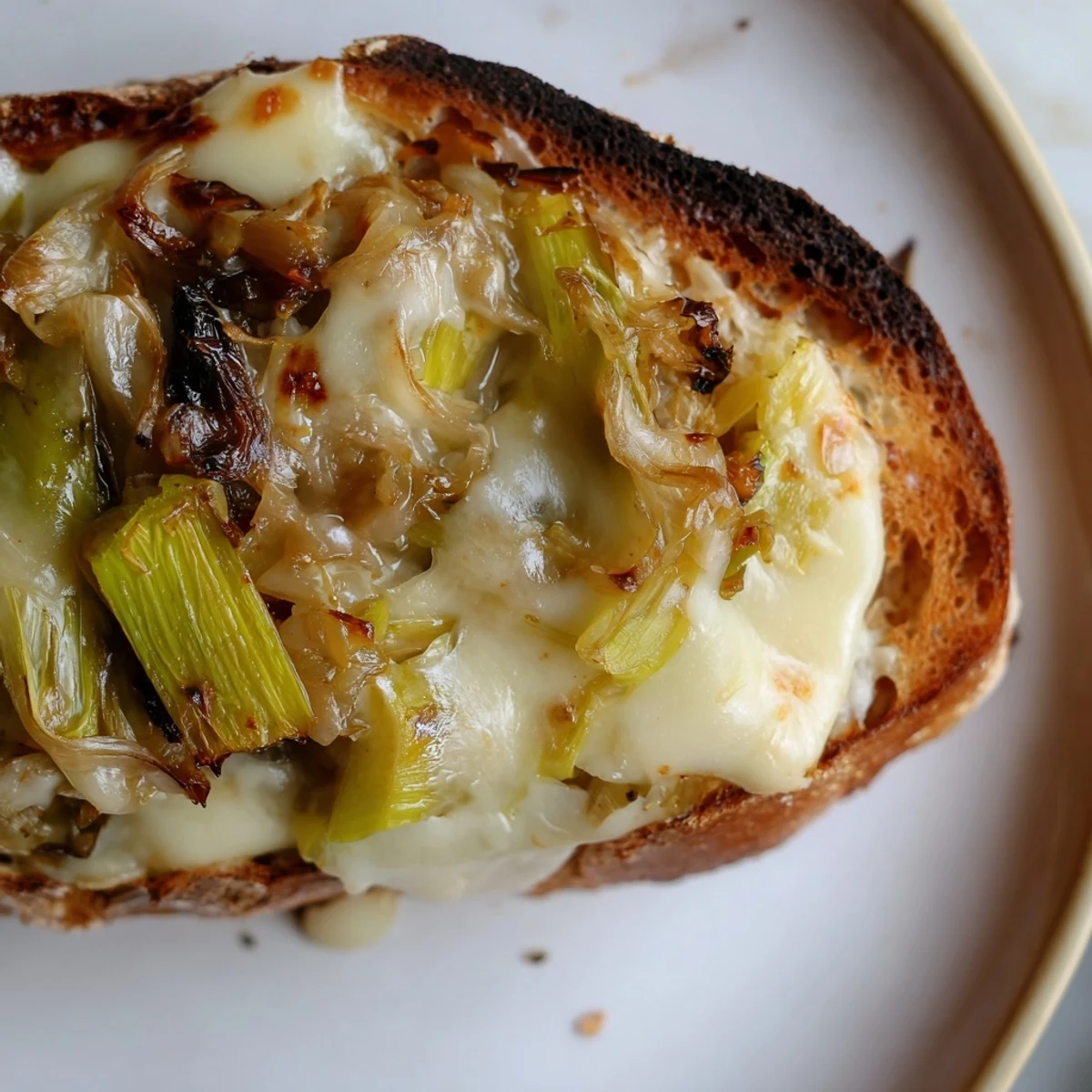 Golden-brown sourdough slices reveal melted Havarti cheese and sweet caramelized leeks in this decadent Havarti & Caramelized Leek Grilled Cheese.