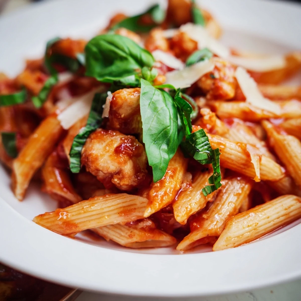 Bright, chunky tomato-basil sauce coats penne pasta and tender golden chicken pieces in a cozy skillet, ready to serve.