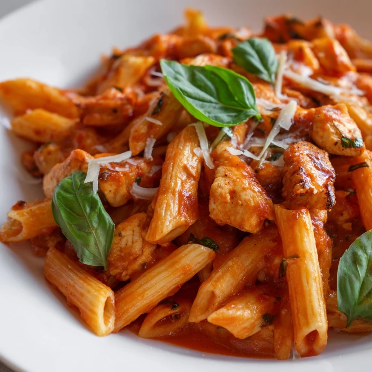 White bowl filled with Tomato Basil Chicken Pasta, vibrant red sauce, and steaming aromas, ready for a quick dinner.