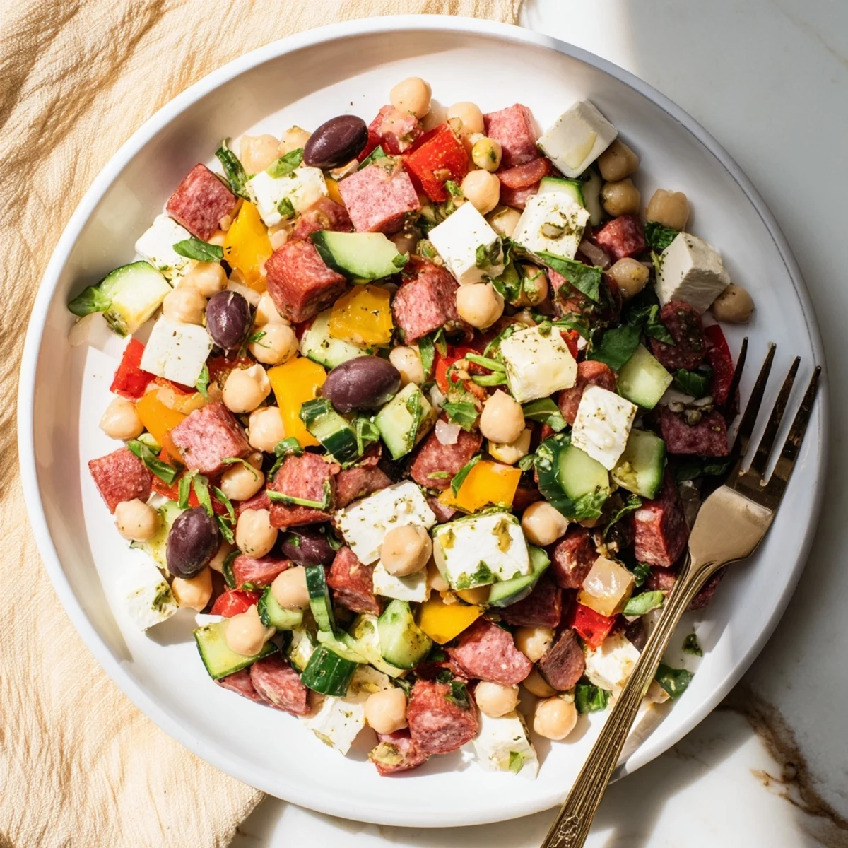 Freshly chopped Crunchy Antipasto Chopped Salad with salami, mozzarella, and crisp veggies in a zesty Italian dressing.