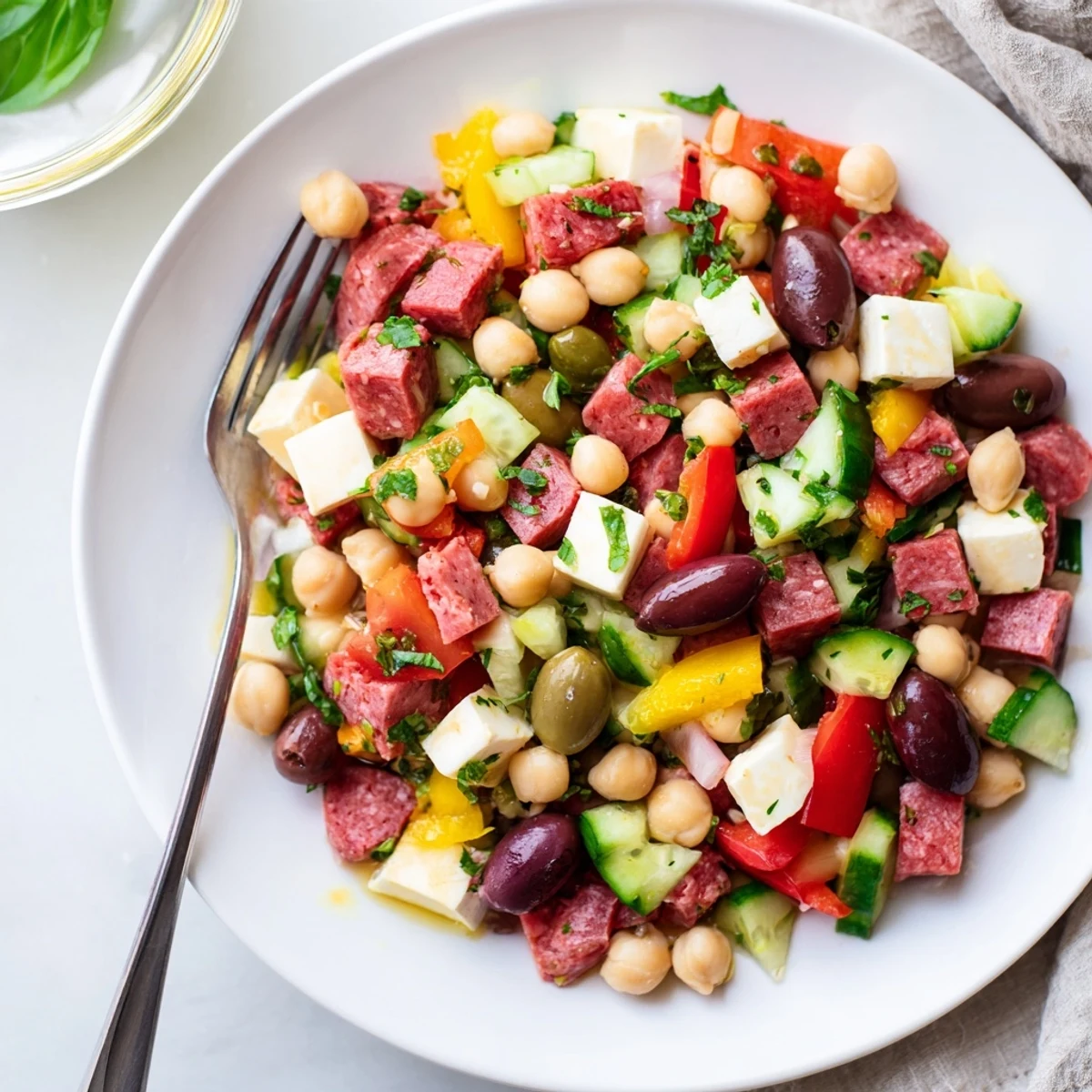 Serve this vibrant Crunchy Antipasto Chopped Salad chilled, garnished with fresh basil and parsley, for a refreshing, ready-in-20-minutes summer meal.