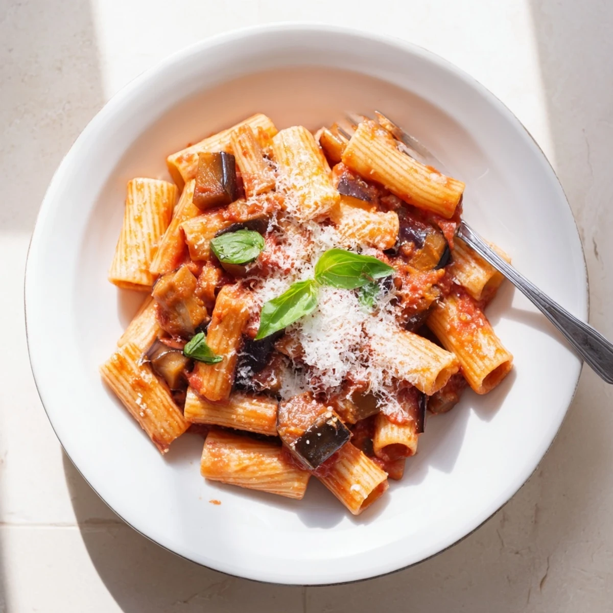 Golden roasted eggplant cubes mingle with a vibrant tomato sauce in this classic Pasta Alla Norma, topped with crumbled ricotta salata.