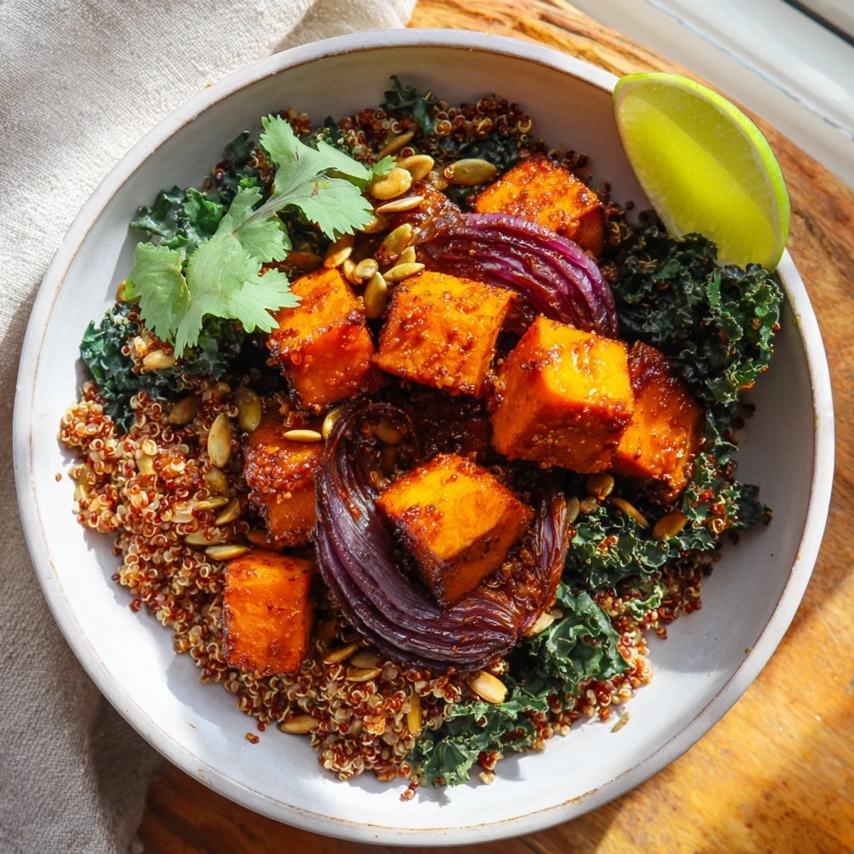 A bowl of Sweet and Spicy Red Kuri Squash Bowl with roasted orange cubes, kale, and pumpkin seeds.  