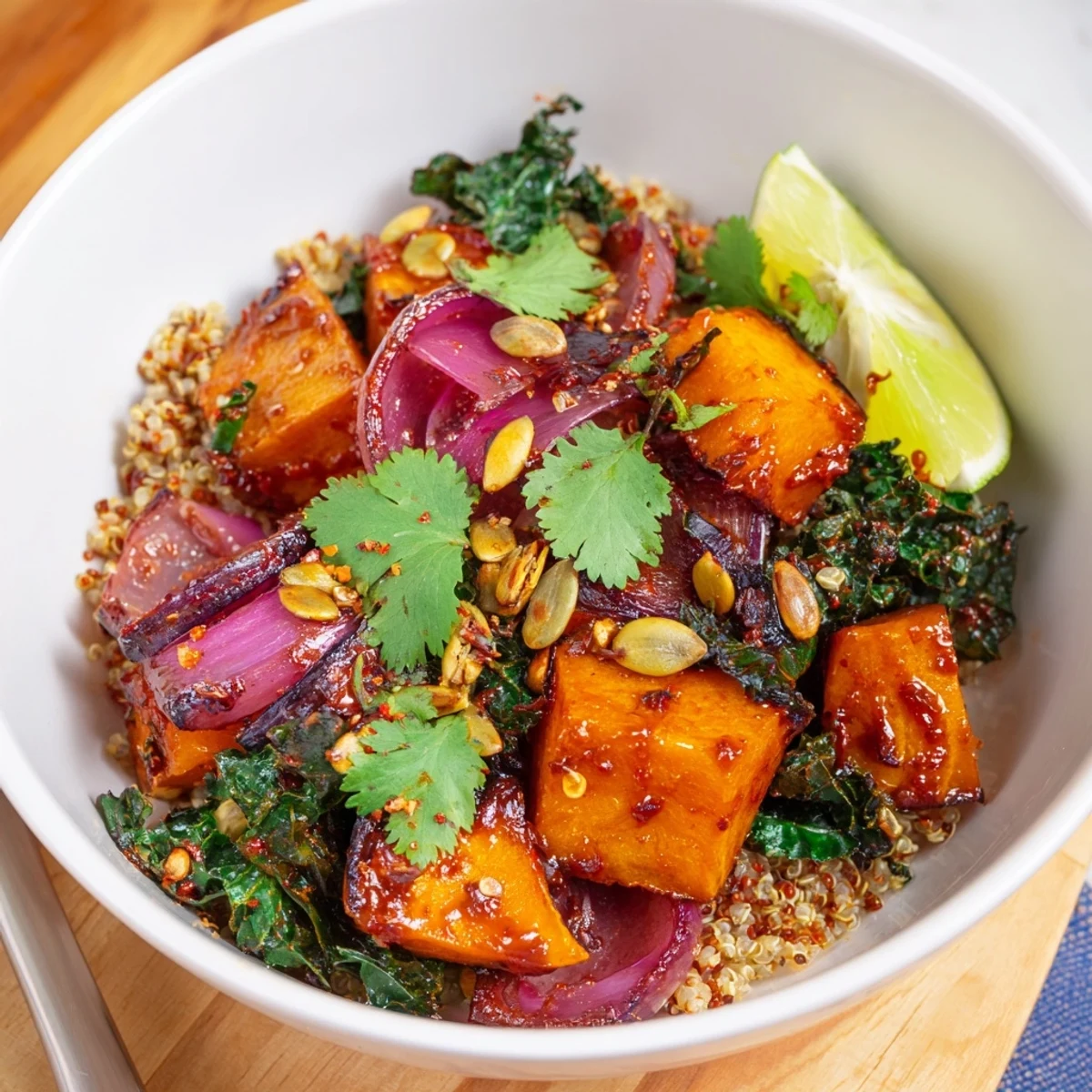 Vibrant Sweet and Spicy Red Kuri Squash Bowl served over quinoa with a drizzle of glaze.