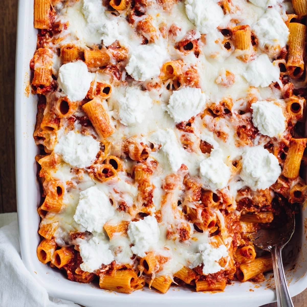Pasta baked golden brown with melted cheese and hearty tomato sauce, a perfect make-ahead family-style meal.
