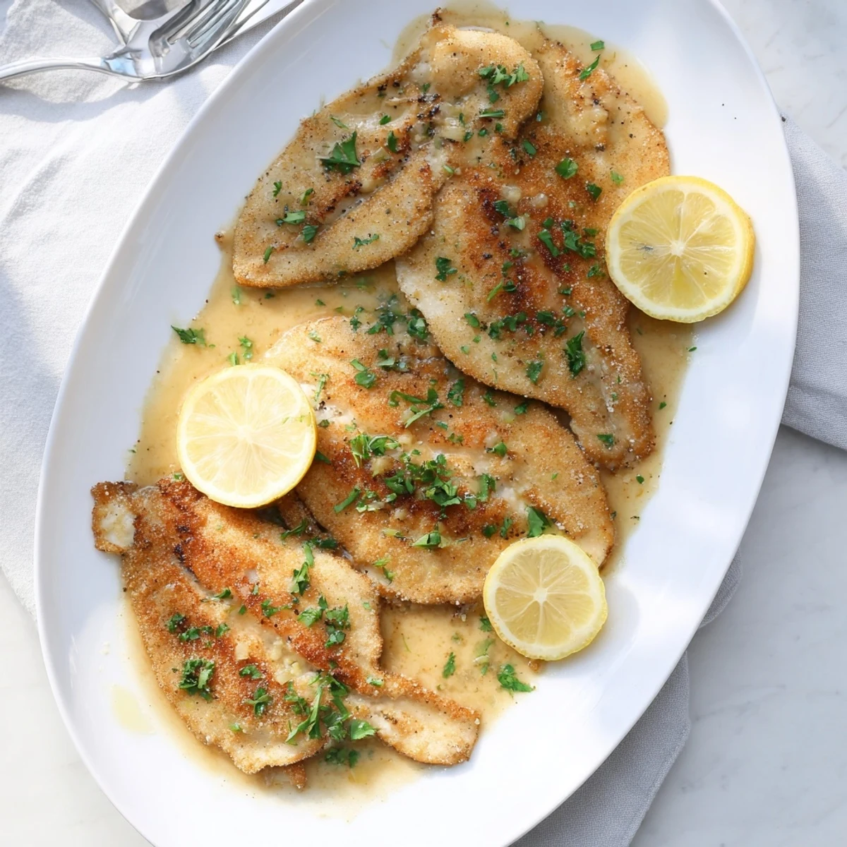Golden-brown flounder meunière fillets glistening with lemon-browned butter and parsley, served with lemon wedges.