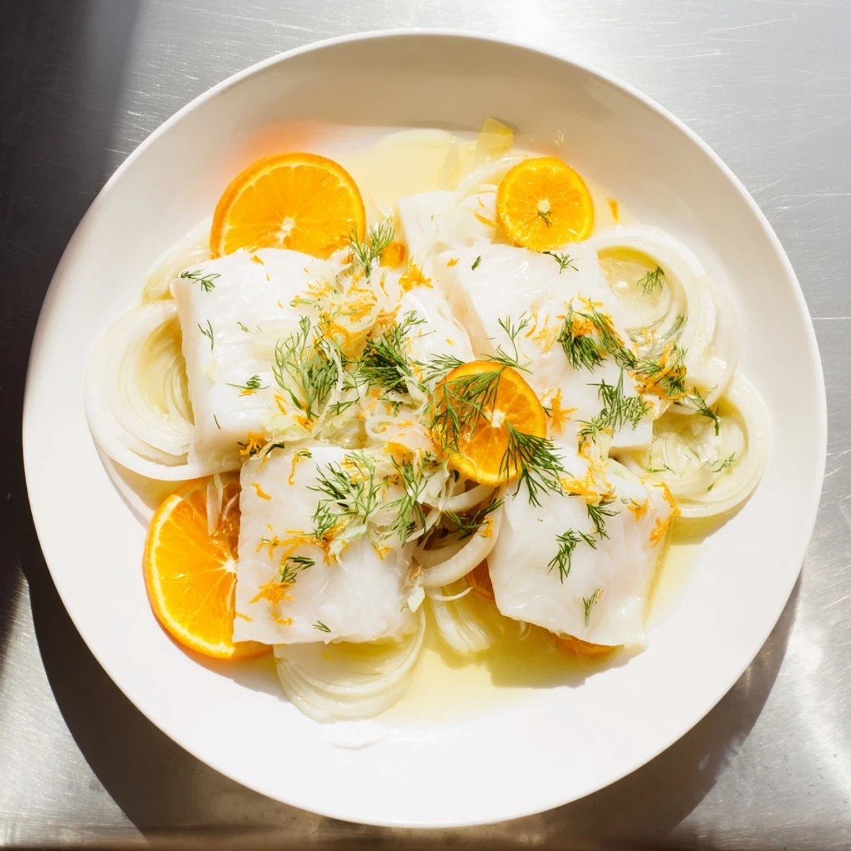 Poached cod in citrus broth with fennel, bright and flaky.