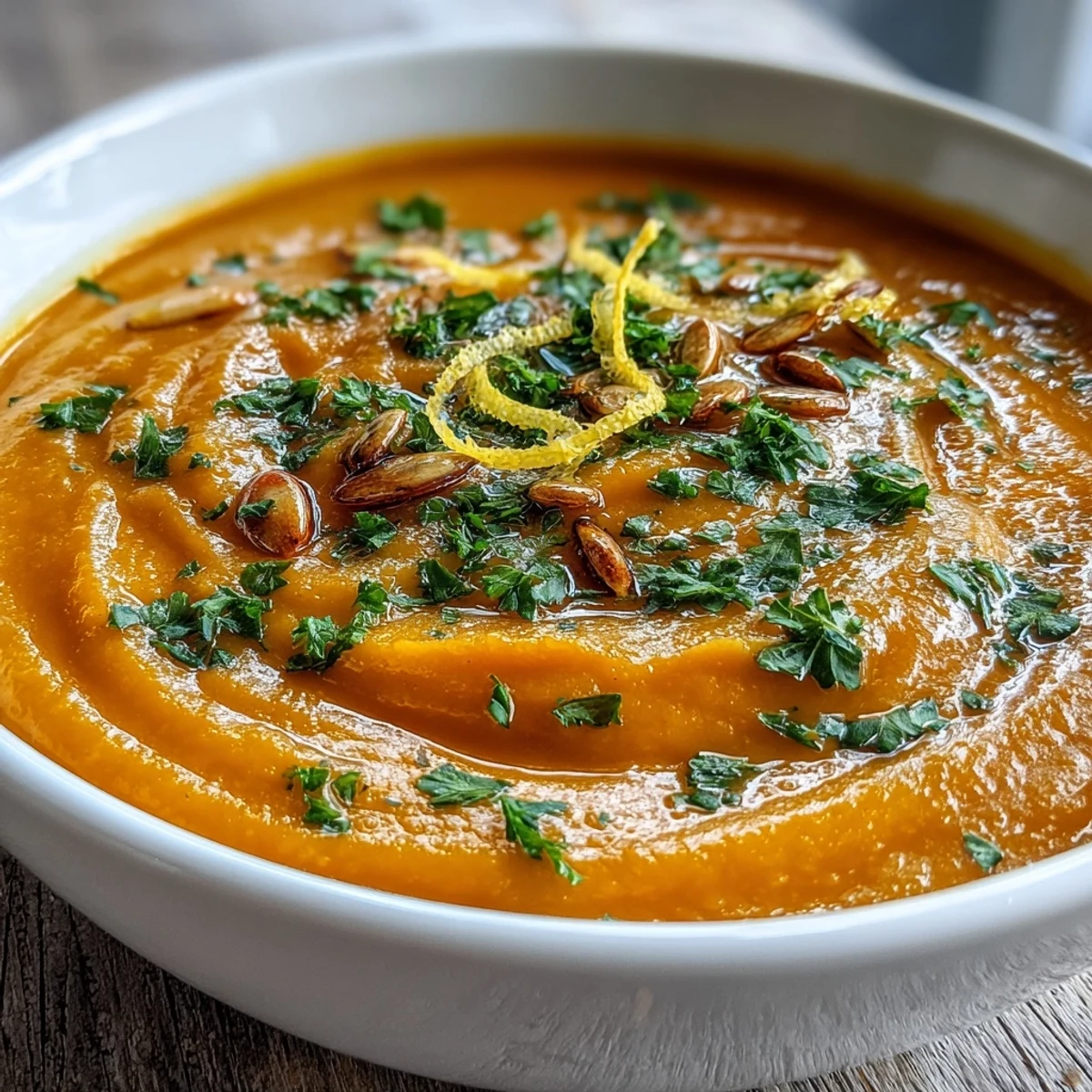 Bright orange Carrot Ginger Soup is ladled into a white bowl, garnished with fresh cilantro and a swirl of coconut milk.