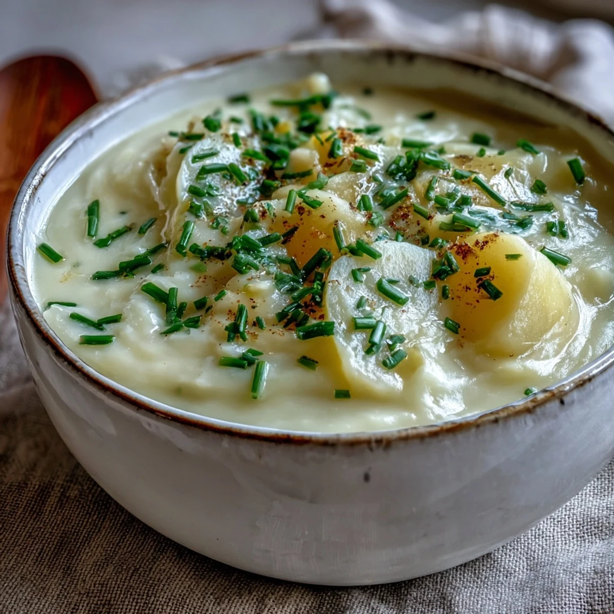 A bowl of creamy Potato Leek Soup garnished with fresh chives, ready to serve with crusty bread.