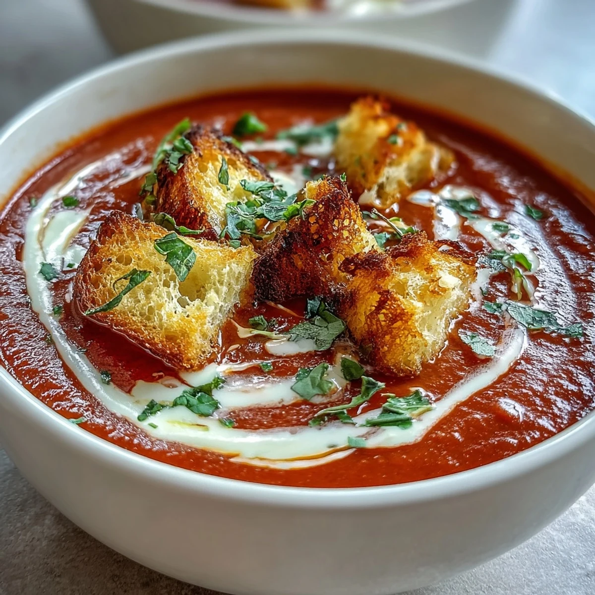 Vibrant Roasted Red Pepper Soup served warm in a white bowl, garnished with cilantro and extra crispy croutons.