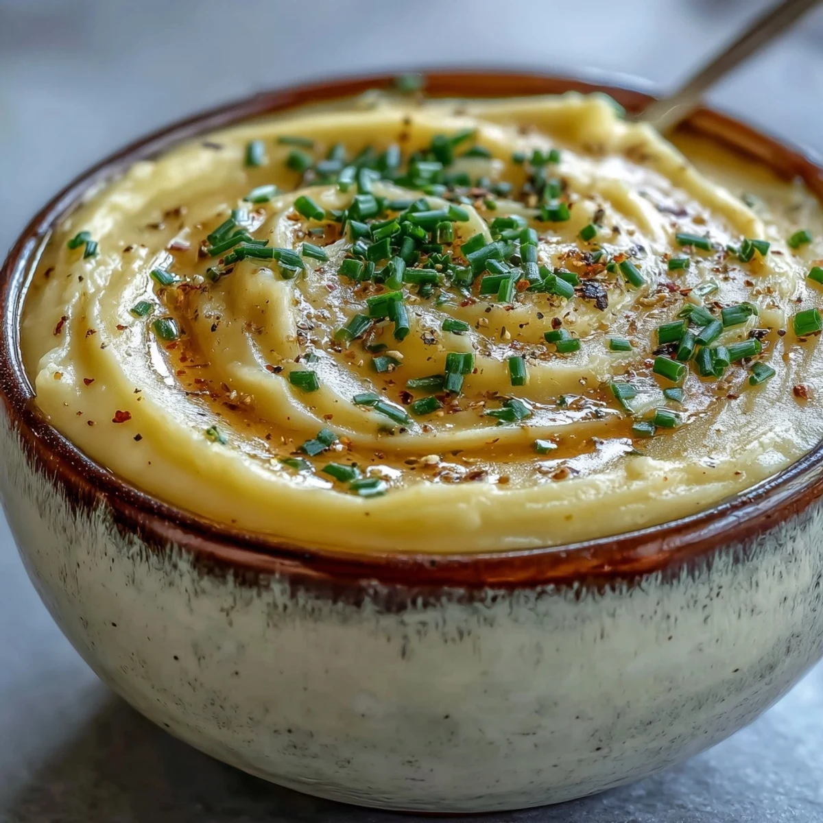 Cream of Potato Soup served hot in a rustic ceramic bowl with a side of crusty bread.