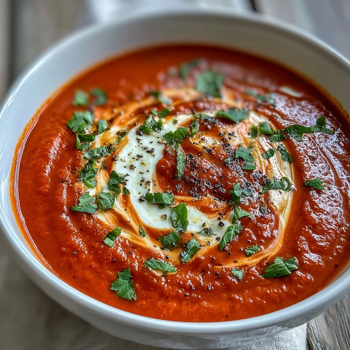 Roasted Red Pepper Soup served warm with a yogurt swirl and herbs, next to rustic bread.
