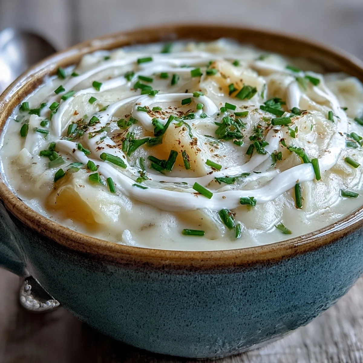 Creamy Potato Leek Soup in a rustic bowl, garnished with fresh chives and a swirl of cream.