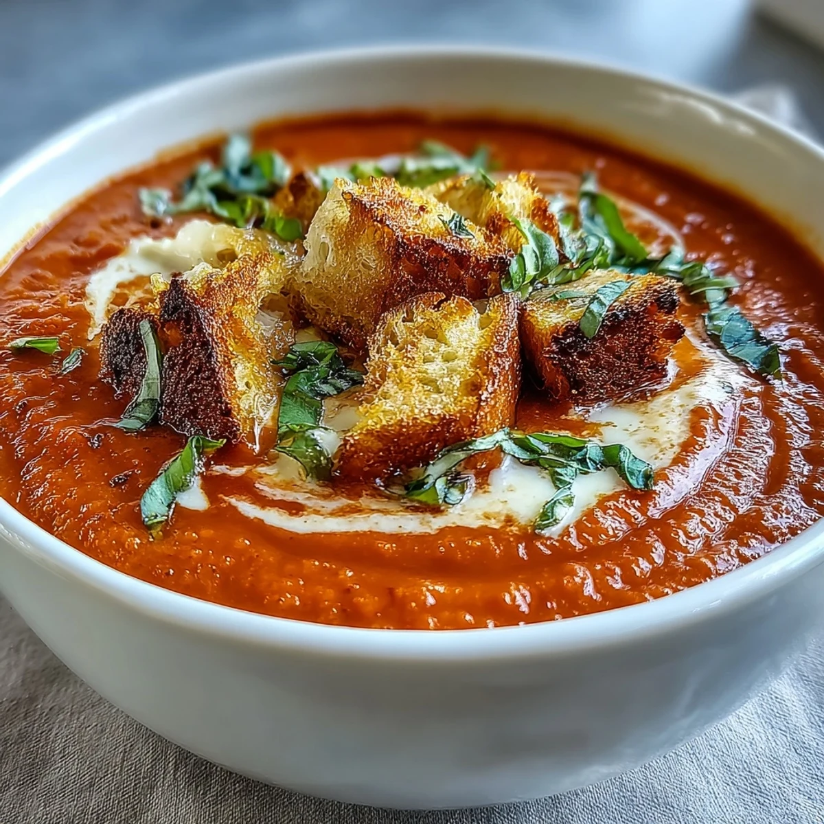 Creamy Roasted Tomato Soup swirls with heavy cream and sits beside golden, crunchy homemade croutons in a rustic bowl.