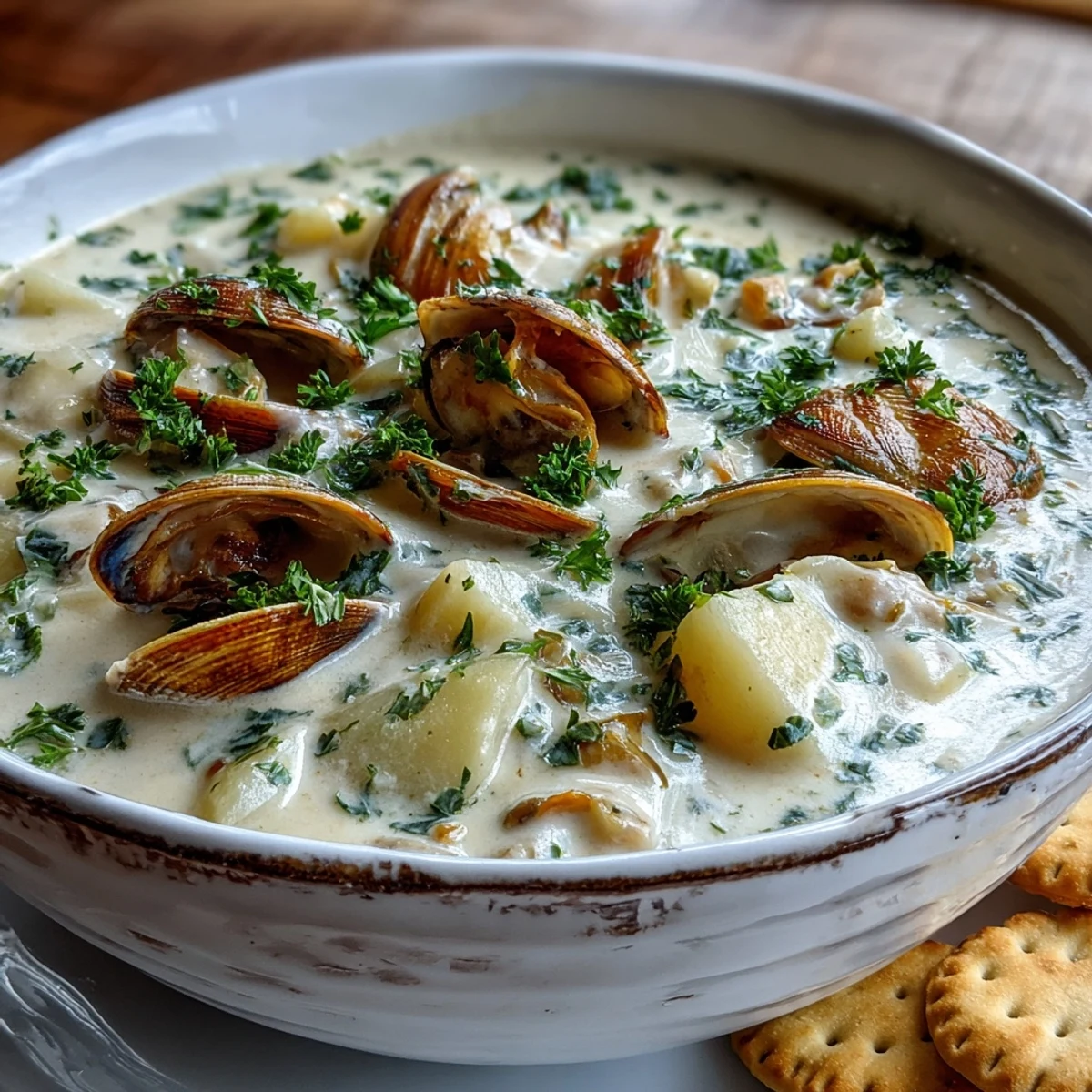 Warm New England Clam Chowder with tender potatoes and chopped clams, steaming on a wooden table with crusty bread.