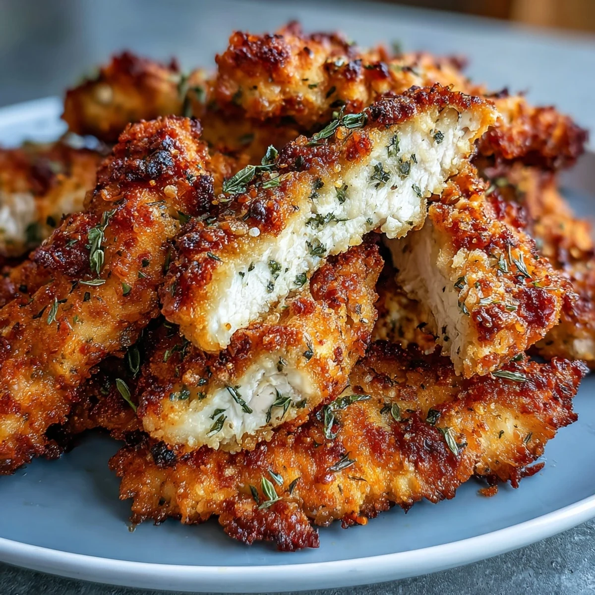 Golden-brown Air Fryer Chicken Strips fresh from the basket, perfect with dipping sauces for dinner.