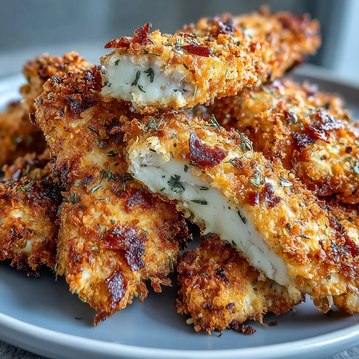 Golden, crunchy Air Fryer Chicken Strips plated with sweet potato fries for a family meal.