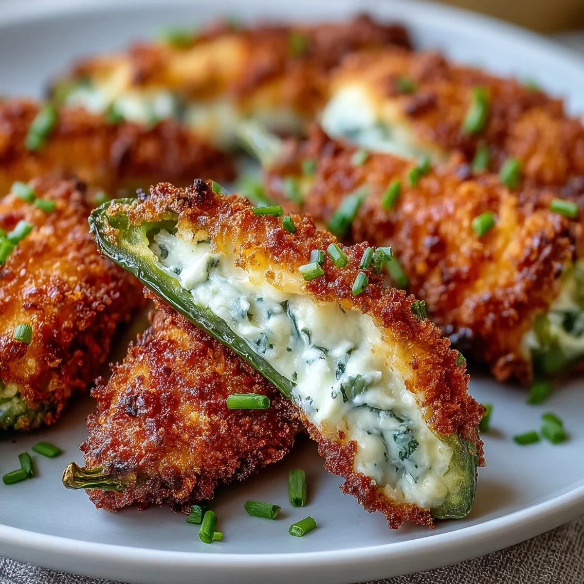 Spicy Air Fryer Jalapeño Poppers stuffed with cheddar and cream cheese, served warm with fresh chives.