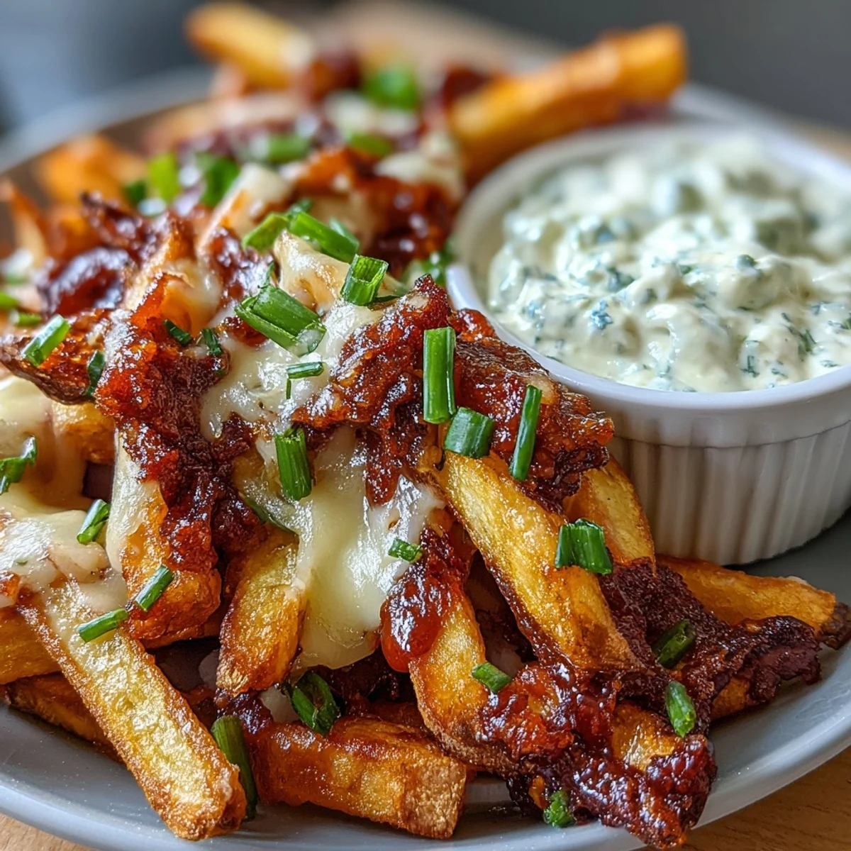 Sizzling, freshly baked Cheesy BBQ Fries with Ranch Dip plated on a tray, ready for game day snacking.