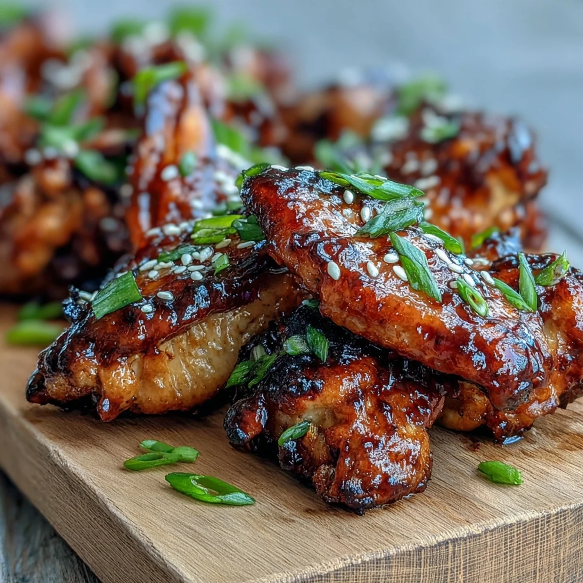 Glossy Coca Cola Chicken Wings garnished with sliced scallions and sesame seeds in a casual serving bowl.